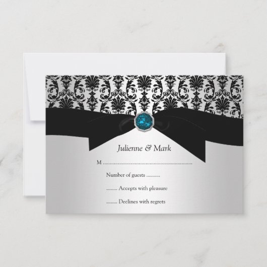 3,5x5 Black Silver Damask Turquoise Jewel RSVP (Voorkant)