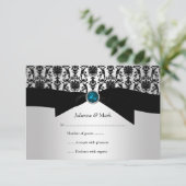 3,5x5 Black Silver Damask Turquoise Jewel RSVP Kaartje (Staand voorkant)