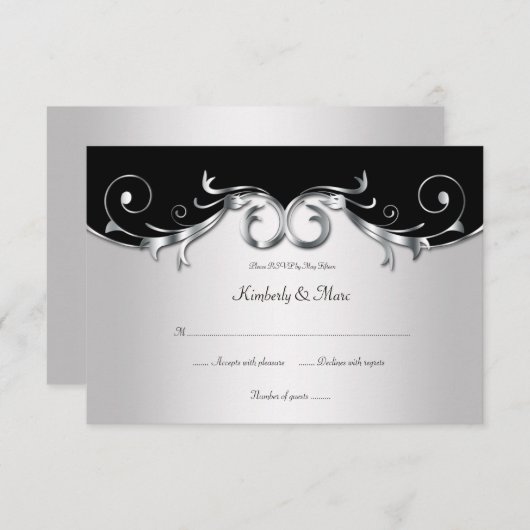 3,5x5 Elegant Black en Silver RSVP (Voorkant / Achterkant)