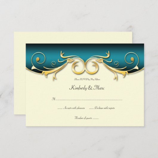 3,5x5 Elegant Blauwgroen Gold RSVP (Voorkant / Achterkant)
