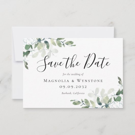 3.5x5 Eucalyptus Waterverf bruiloft Save The Date (Voorkant)