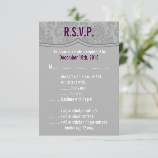 3,5x5 R.S.V.P. Card Modern Gray Damask RSVP Kaartje (Staand voorkant)