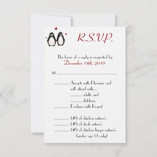 3,5x5 R.S.V.P. Card Penguin Love Couple RSVP Kaartje (Voorkant)
