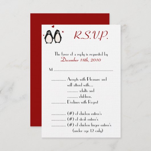 3,5x5 R.S.V.P. Card Penguin Love Couple RSVP Kaartje (Voorkant / Achterkant)