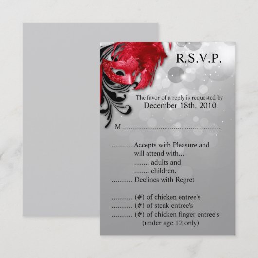 3,5x5 R.S.V.P. Card Red Masquerade-masker RSVP Kaartje (Voorkant / Achterkant)