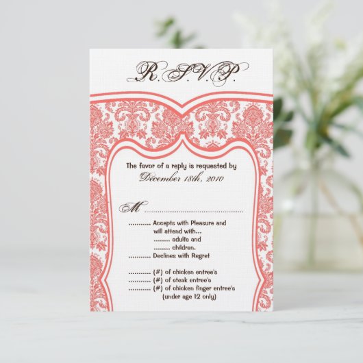 3,5x5 R.S.V.P. Card Wedding Damask RSVP Kaartje (Staand voorkant)