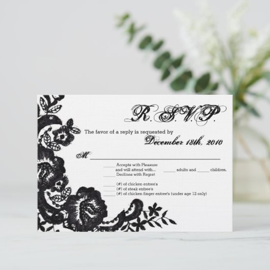 3,5x5 R.S.V.P. Kaart Black Lace Damask Antiek Appl (Staand voorkant)
