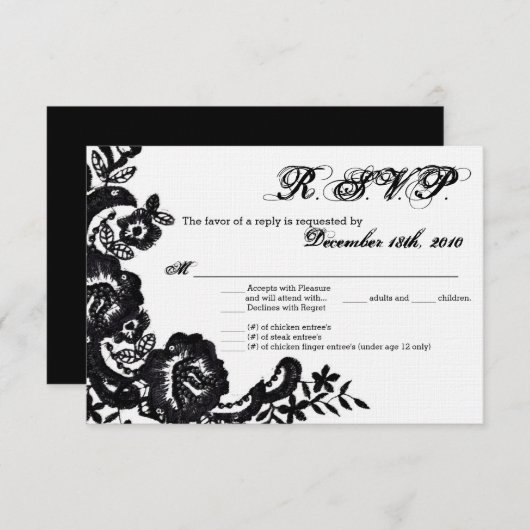 3,5x5 R.S.V.P. Kaart Black Lace Damask Antiek Appl (Voorkant / Achterkant)