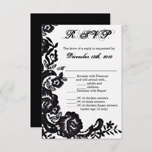 3,5x5 R.S.V.P. Kaart Black Lace Damask Antiek Appl (Voorkant / Achterkant)