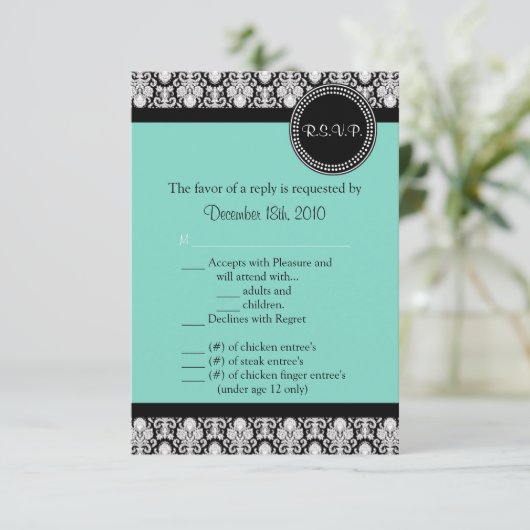 3,5x5 R.S.V.P.-Kaart Blauwgroen & Black Damask Kaart (Staand voorkant)