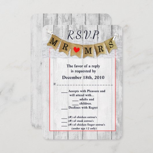 3.5x5 R.S.V.P. Kaart Burlap Mr. en Mrs. Banner (Voorkant / Achterkant)