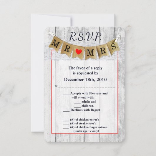 3.5x5 R.S.V.P. Kaart Burlap Mr. en Mrs. Banner (Voorkant)