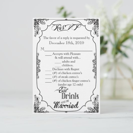 3.5x5 R.S.V.P. Kaart Eet Drink Wees getrouwd Wit (Staand voorkant)