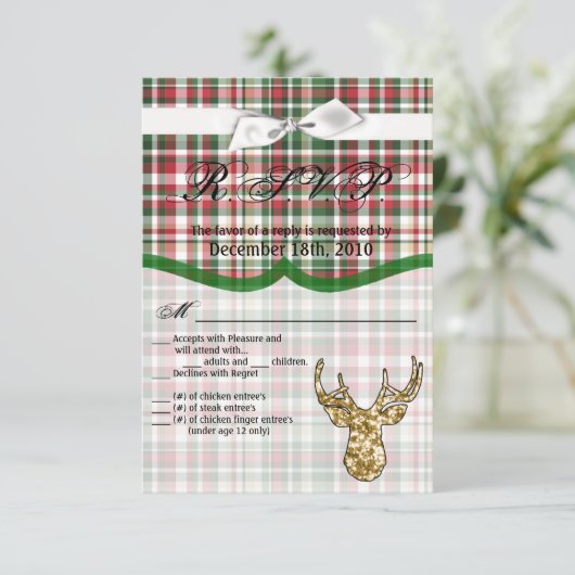 3.5x5 R.S.V.P.-kaart Gouden glitter rendier geruit Kaart (Staand voorkant)