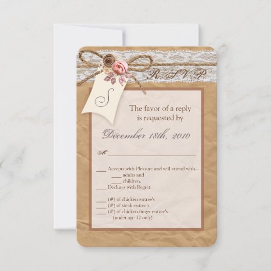 3.5x5 R.S.V.P.-kaart Kraftpapier lint strik Roos Kaart (Voorkant)