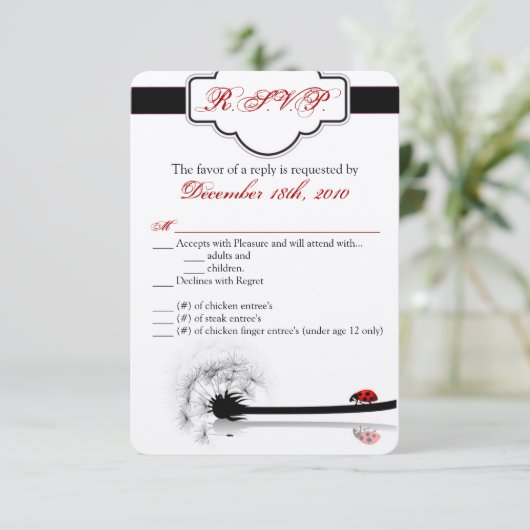 3.5x5 R.S.V.P. Kaart Lady Bug Dandilion Flower Ins (Staand voorkant)