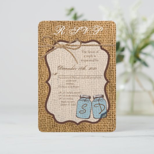 3.5x5 R.S.V.P. Kaart Mason Jar Burlap Land Rusti (Staand voorkant)