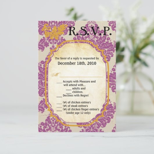 3.5x5 R.S.V.P. Kaart Paarse Gouden Damast Kant Pri (Staand voorkant)