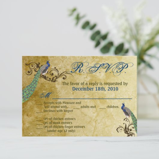 3.5x5 R.S.V.P. Kaart Peacock  Feathers Bird (Staand voorkant)