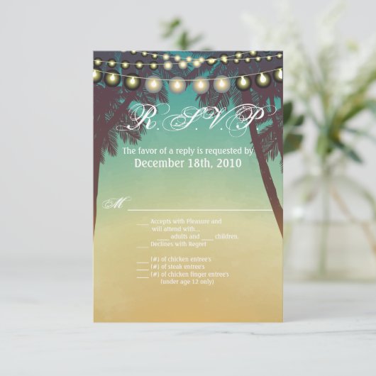 3.5x5 R.S.V.P.-kaart strand zonsondergang palmboom Kaart (Staand voorkant)