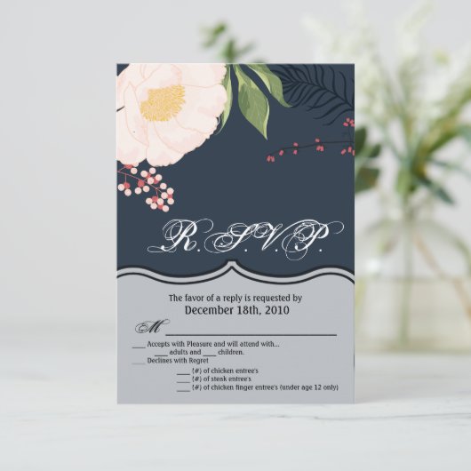 3.5x5 R.S.V.P. Kaart Witte Bloemen op Dark B (Staand voorkant)