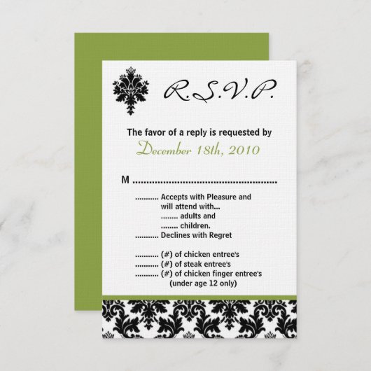 3.5x5 R.S.V.P.-kaart Zwart Groen Damak Kaart (Voorkant / Achterkant)