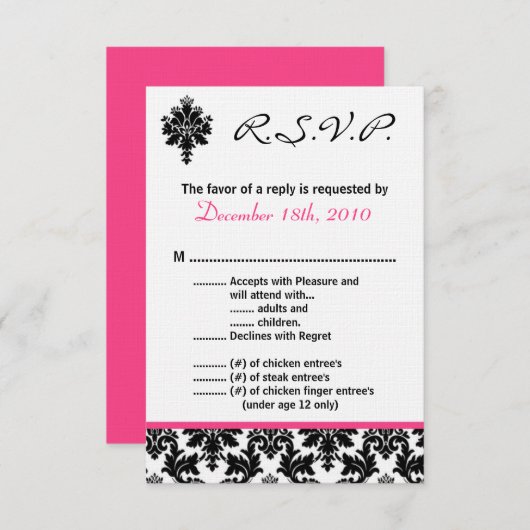 3,5x5 R.S.V.P. Zwarte roze kaart Damak (Voorkant / Achterkant)