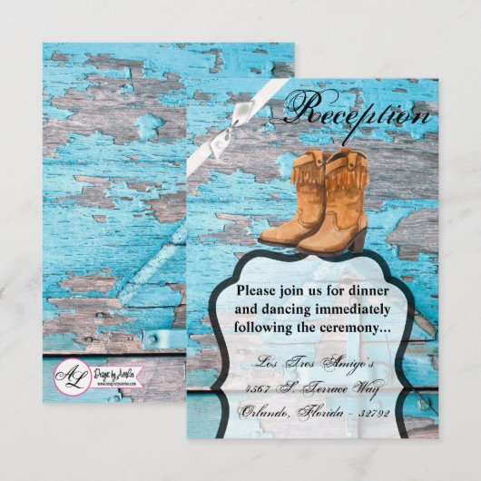 3.5x5 Receptie Kaart Blauw Hout Schuur Deurlaarzen (Voorkant / Achterkant)