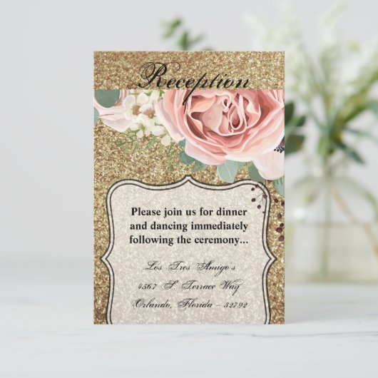 3.5x5 Receptie Kaart Geometrisch Roos Gouden Glitt (Staand voorkant)