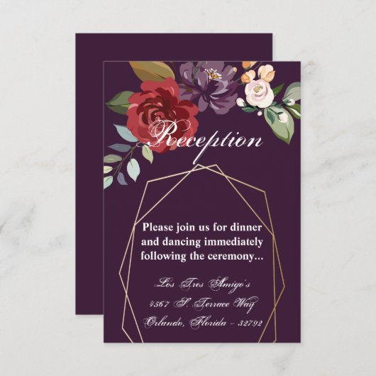 3.5x5 Receptie Kaart Plum Paarse Rozen Gouden Geom (Voorkant / Achterkant)