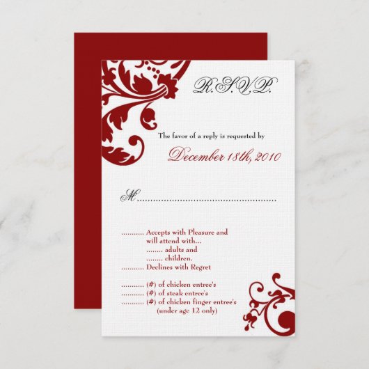 3.5x5 Red Floral Filigree R.S.V.P. Kaart (Voorkant / Achterkant)