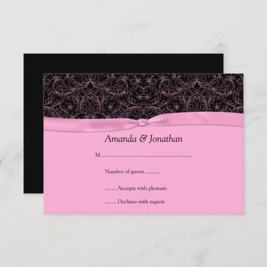 3,5x5 Roze scrollen & lint op zwarte RSVP (Voorkant / Achterkant)