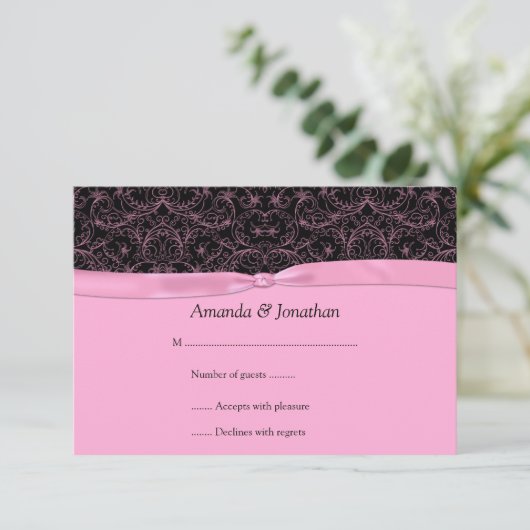 3,5x5 Roze scrollen & lint op zwarte RSVP Kaartje (Staand voorkant)
