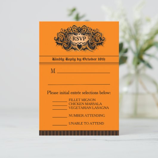 3,5x5 RSVP-kaart - Menu - Oranje en zwart (Staand voorkant)