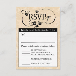 3,5x5 RSVP-menukaart - Gold White en Black Floral RSVP Kaartje