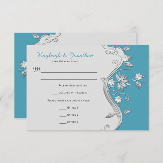 3,5x5 Sierlijke turquoise en zilveren bloemenswerv Kaart (Voorkant / Achterkant)