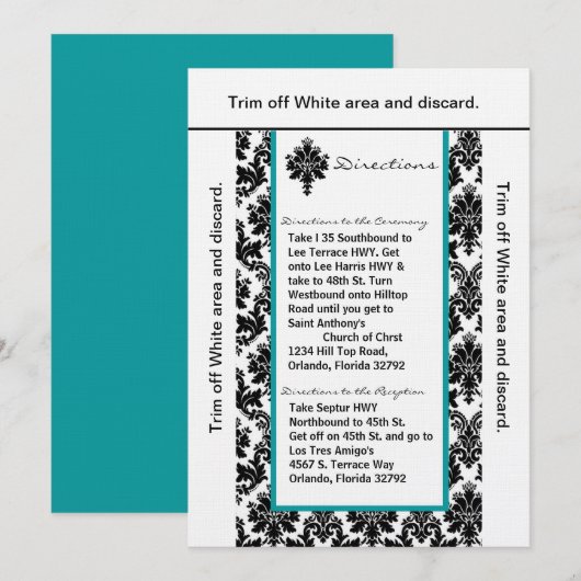 3,5x6 Direction Card Black Blauwgroen Damask Kaart (Voorkant / Achterkant)