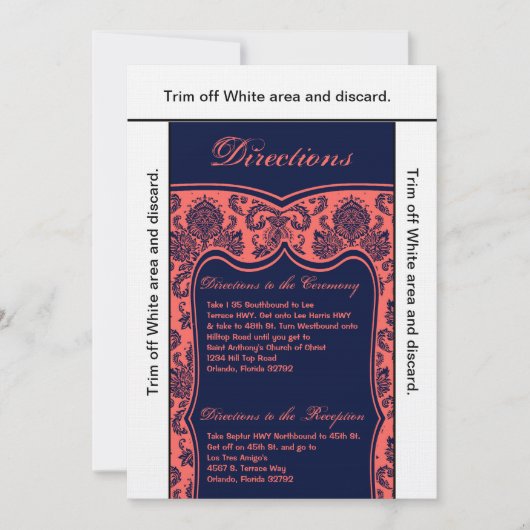 3.5x6 Direction Card Navy Blue Coral Damask Kaart (Voorkant)