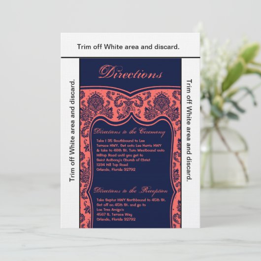 3.5x6 Direction Card Navy Blue Coral Damask Kaart (Staand voorkant)