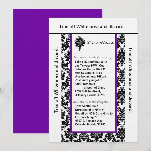 3.5x6 Routebeschrijving Kaart Black Purp Damask (Voorkant / Achterkant)