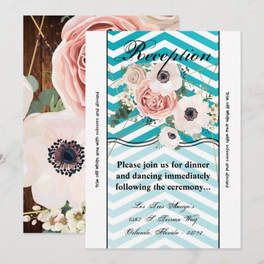 3.5x7 Receptie Kaart Geometrisch Roos Chevron Blau (Voorkant / Achterkant)