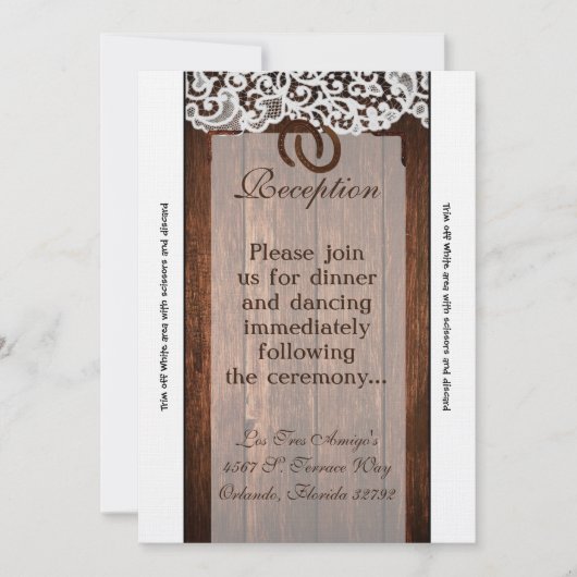 3.5x7 Receptie Kaart Hoefijzers op Barn Wood Lace (Voorkant)