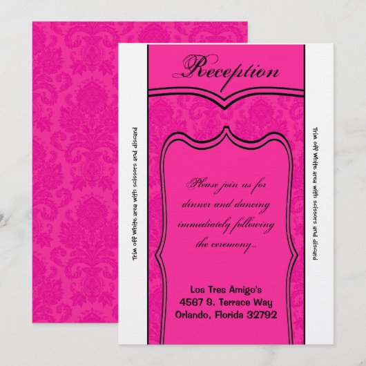 3.5x7 Receptie Kaart Hot Pink Damask (Voorkant / Achterkant)