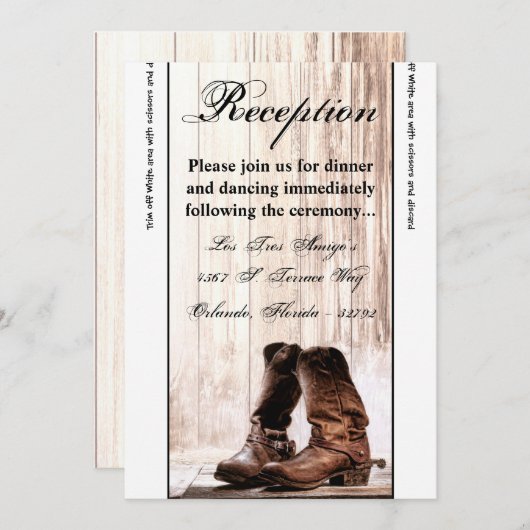 3.5x7 Receptie Kaart laarzen Landelijk Rustiek Wes (Voorkant / Achterkant)