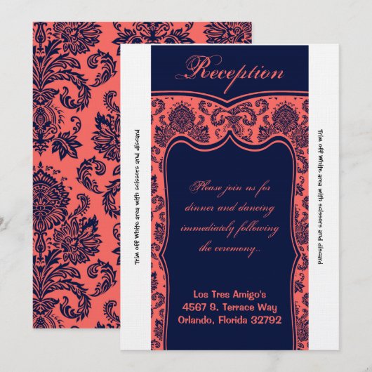 3.5x7 Receptie Kaart Navy Blue Coral Damask (Voorkant / Achterkant)