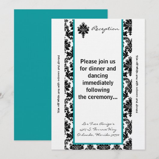 3.5x7 Receptie Kaart Zwart Blauwgroen Damask (Voorkant / Achterkant)