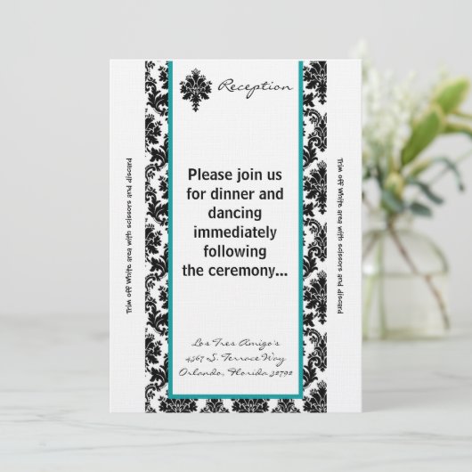 3.5x7 Receptie Kaart Zwart Blauwgroen Damask (Staand voorkant)