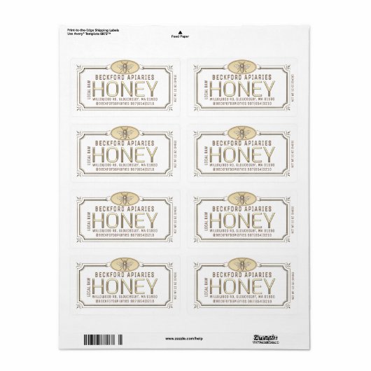 3.75 x 2" Metallic 3D Framed Honey Label with Bee (Full Sheet)