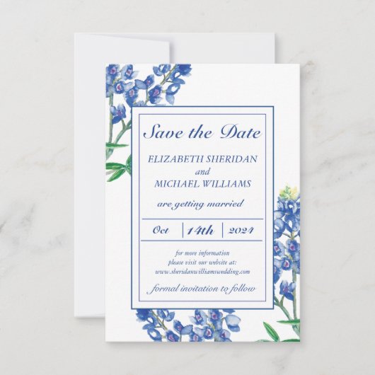 3,9" x 13,3" Blauwe bloem Platte Save The Date Kaa (Voorkant)