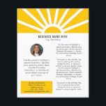 3 | Aangepaste Foto Modern Sunrise Yellow Business Flyer<br><div class="desc">Laat uw merk op een frisse, inspirerende manier zien met deze aanpasbare moderne zakelijke flyer. Ontworpen om positiviteit en professionaliteit uit te stralen, beschikt het over een warme gele zonsopgang met zonnestralen op een schone witte achtergrond, perfect voor bedrijven die een zelfverzekerde en optimistische eerste indruk willen maken. Voeg eenvoudig...</div>